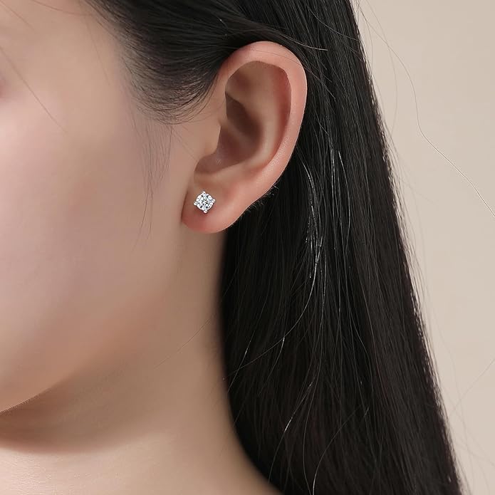 Cubic Zirconia Earrings Silver Stud Earrings Solid 14K White Gold - 1CT