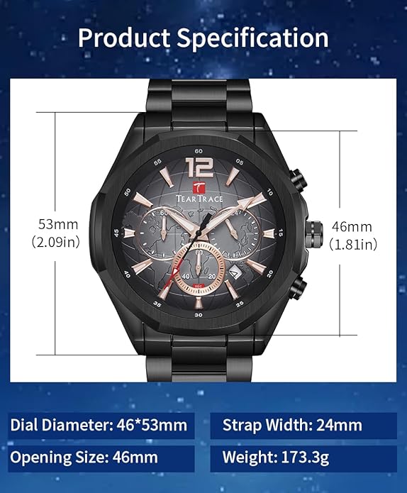 Watch for Men Stainless Steel Strap Waterproof Luminous Chronograph 46mm - BLACK