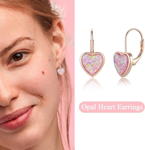 Earrings 925 Sterling Silver Opal Heart for Women
