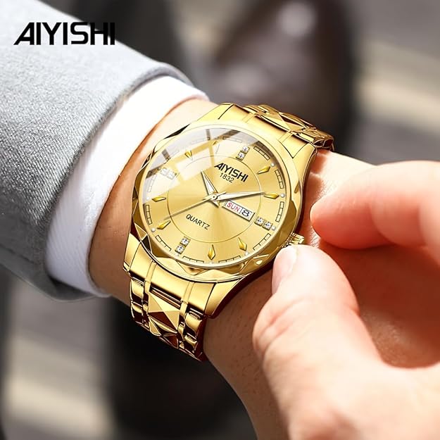 Men's Analog Quartz Watch with Date Display & Luminous Hands Waterproof - GOLD