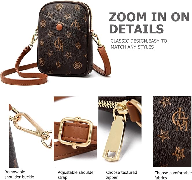 Women Small Vertical Cell Phone Purses Vintage Print Crossbody Bags - Brown