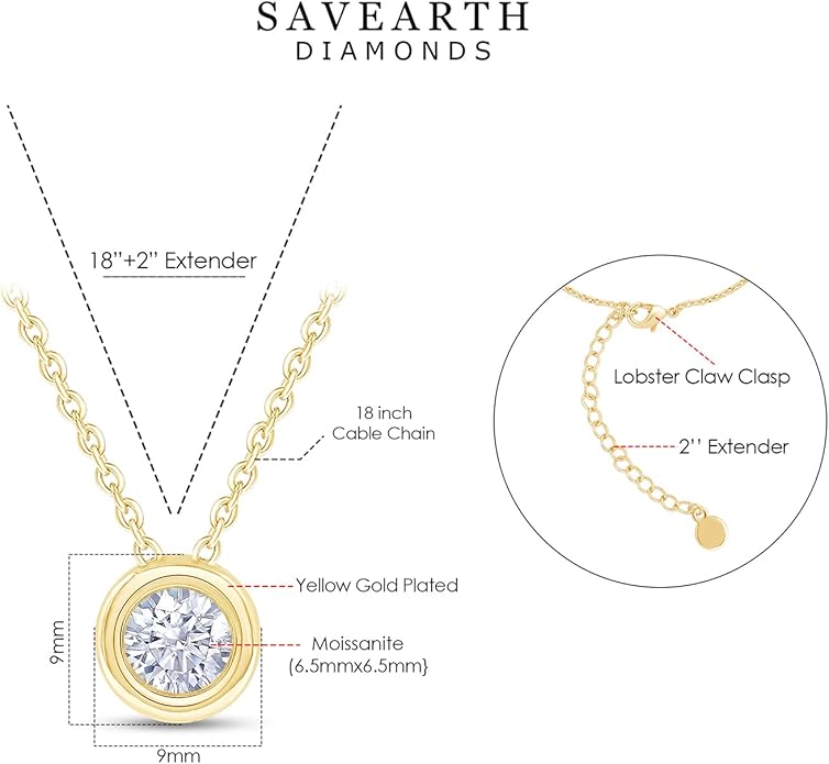 Necklace 18K Gold Plated Bezel-Set Solitaire, 6.5MM Moissanite Diamond - 0.9 CT