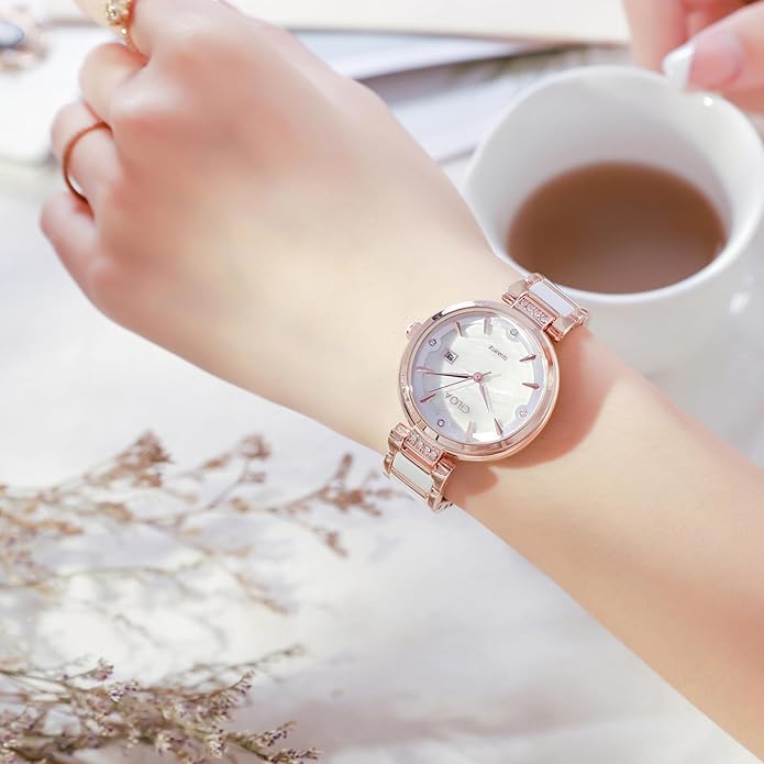 Women's Ceramic Bracelet Watch Luxury Diamond - ROSE Gold / White