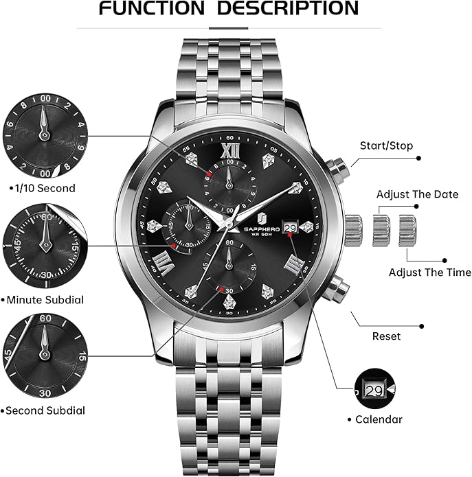 Watch SAPPHERO Round Stainless Steel , 50M Waterproof