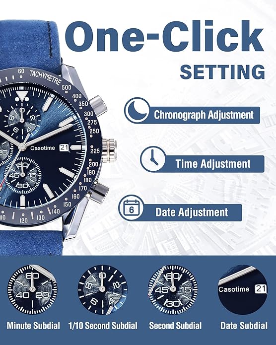 Watch Men Leather Band Chronograph 45mm, 30M Waterproof Quartz - BLUE