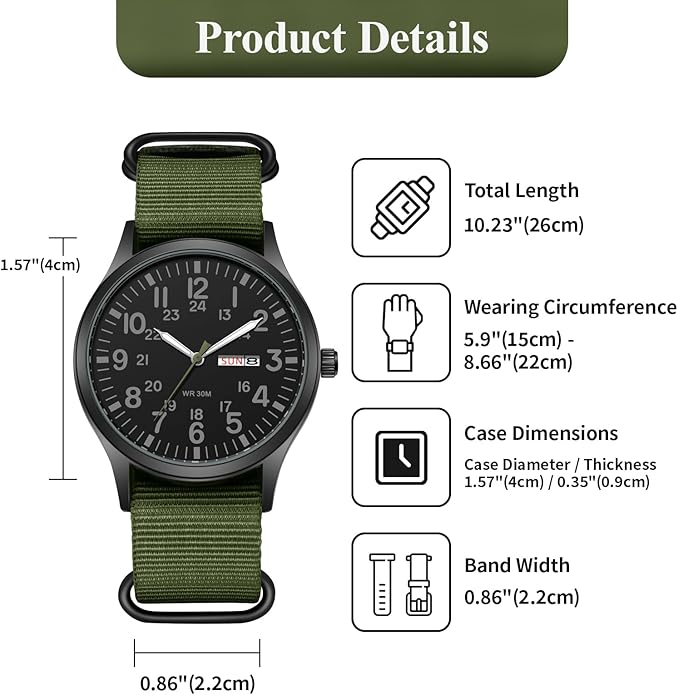 Men's Tactical Military Watch Green Nylon Strap - BLACK face 40mm