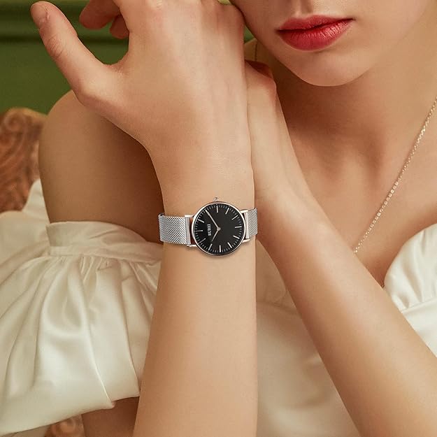 Ladies Watch Stainless Steel Mesh Bracelet Watch Analog Quartz, 34mm - Black Silver