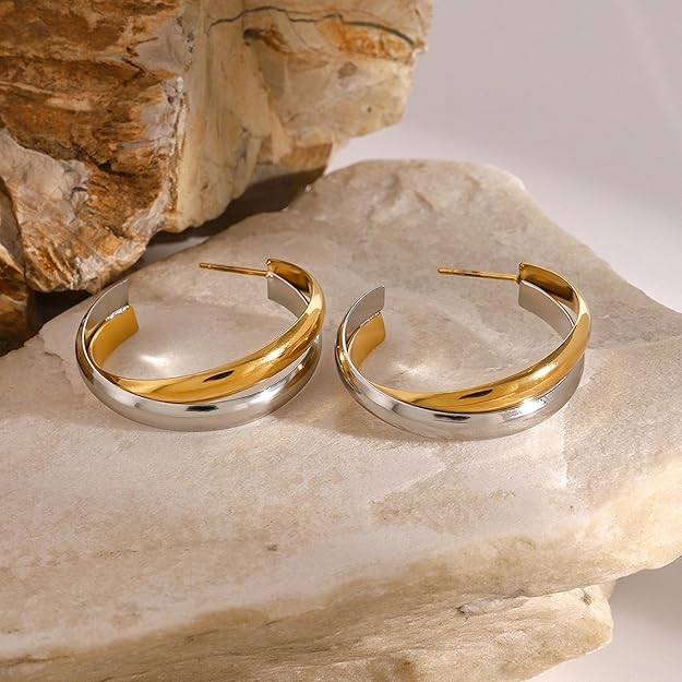 Two Tone Hoop Earrings-Gold Silver Chunky Twisted Hoops