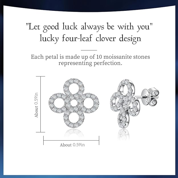Four Leaf Clover Moissanite Stud Earrings for Women, D Color VVS1 Round Cut