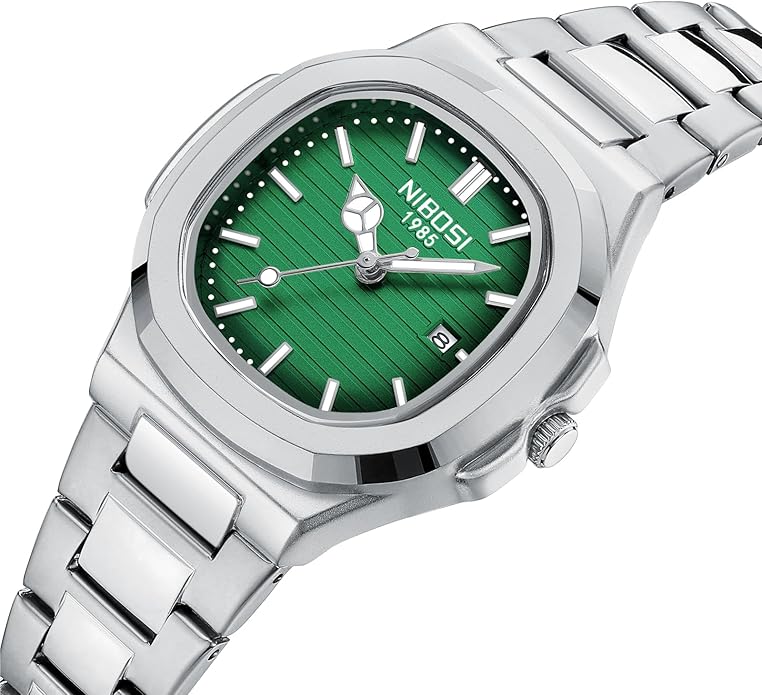 Watch Women Square Dial , Stainless Steel Waterproof Quartz, 30mm - SILVER/GREEN