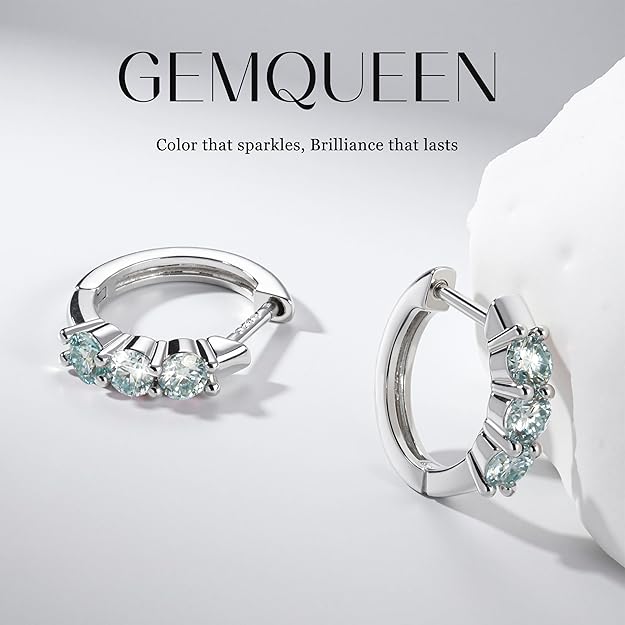 Moissanite Earrings Hoops , 18K White Gold Plated 925 Sterling Silver- Blue
