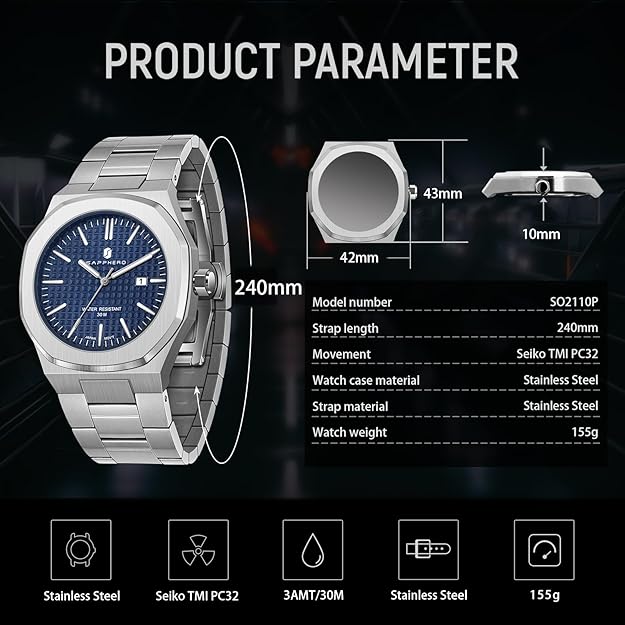 SAPPHERO Men's Watch Octagonal Stainless Steel - SILVER BLUE