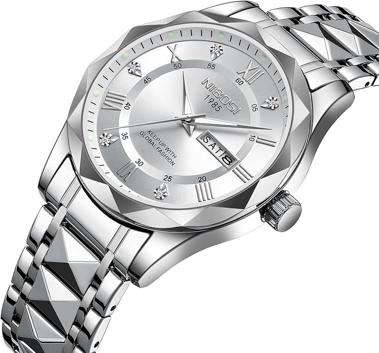 Watch Men Analog Quartz Diamond Stainless Steel Waterproof 42mm