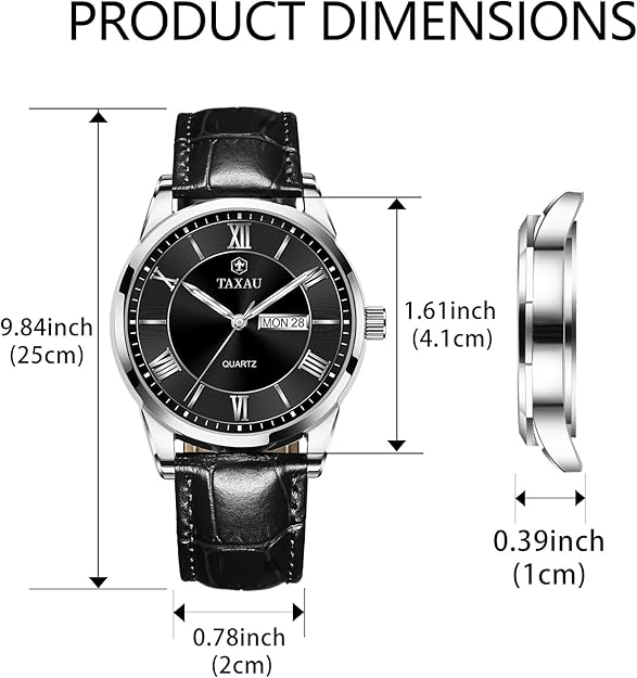 TAXAU Men's Watch Leather Luxury Dress Analog Quartz, 41mm- Black