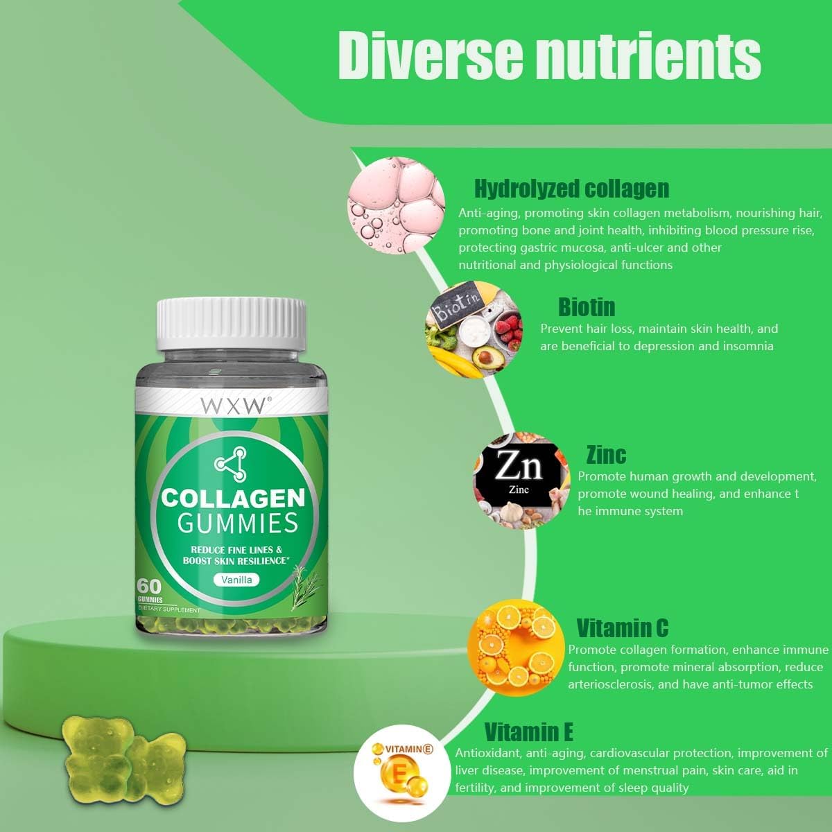 Collagen Peptides Gummies Non-GMO Anti-Aging Formula with Biotin, Vanilla- 60 pcs