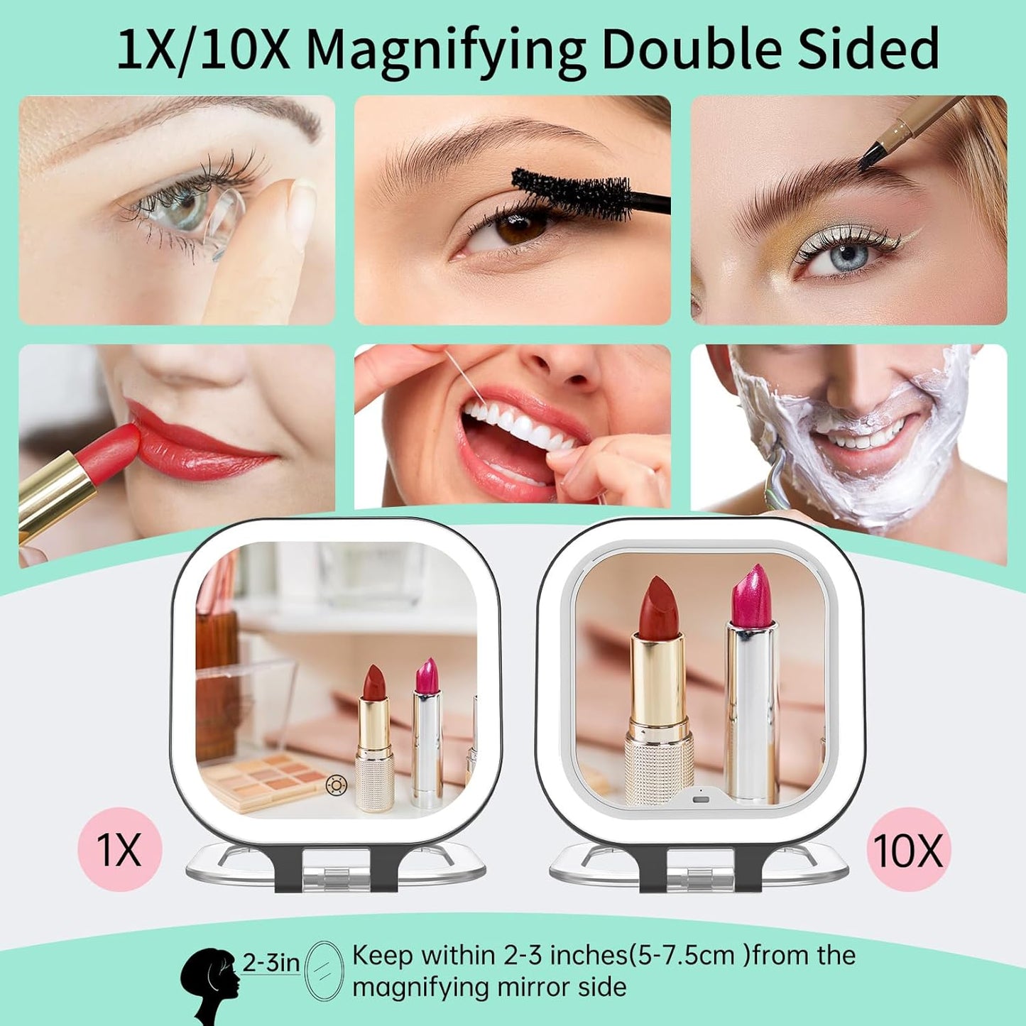 Magnification 10 X Rechargeable Travel Makeup Mirror, Lighted