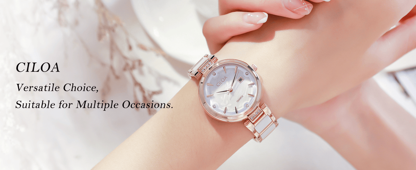 Women's Ceramic Bracelet Watch Luxury Diamond - ROSE Gold / White
