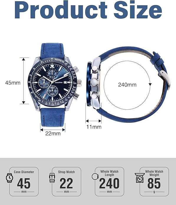 Watch Men Leather Band Chronograph 45mm, 30M Waterproof Quartz - BLUE