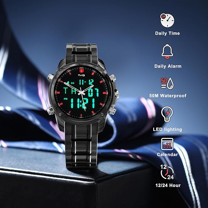 TVG Watch for Men Digital / Analog 50M Waterproof - Black