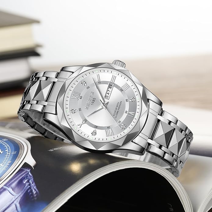 Watch Men Analog Quartz Diamond Stainless Steel Waterproof 42mm