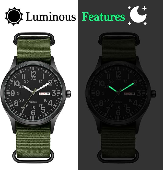 Men's Tactical Military Watch Green Nylon Strap - BLACK face 40mm