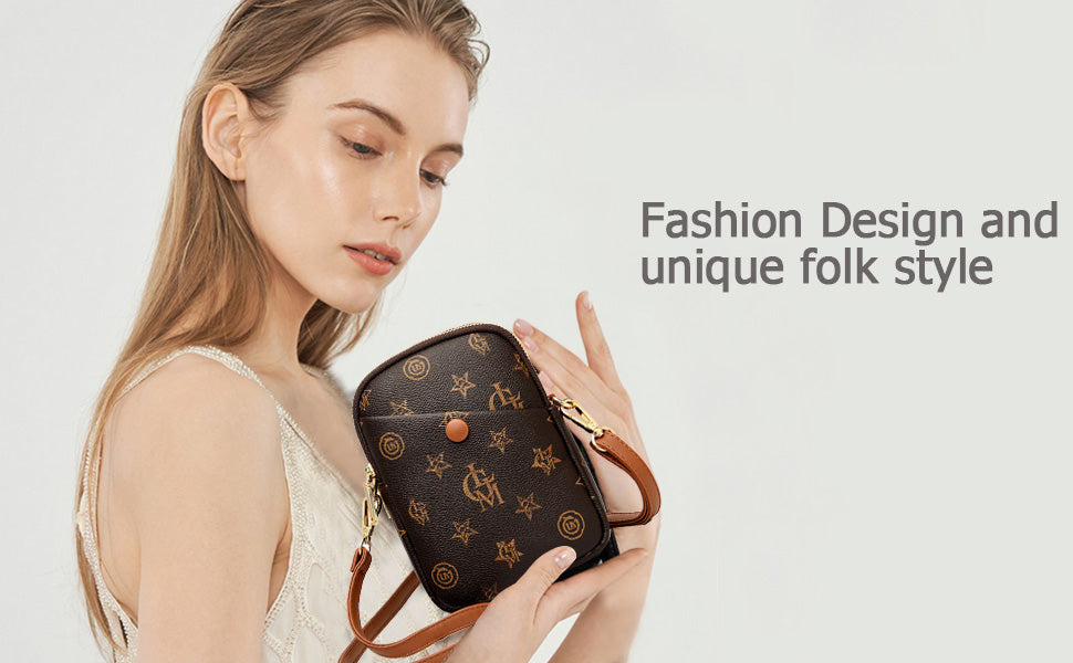 Women Small Vertical Cell Phone Purses Vintage Print Crossbody Bags - Brown