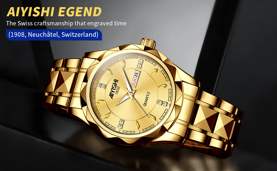 Men's Analog Quartz Watch with Date Display & Luminous Hands Waterproof - GOLD