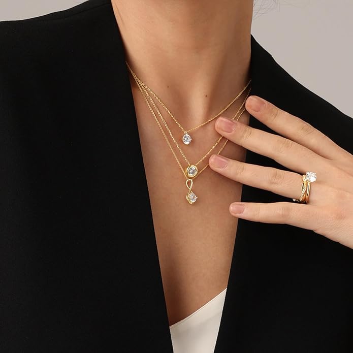 Necklace 18K Gold Plated Bezel-Set Solitaire, 6.5MM Moissanite Diamond - 0.9 CT