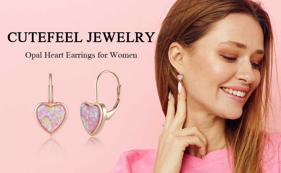 Earrings 925 Sterling Silver Opal Heart for Women