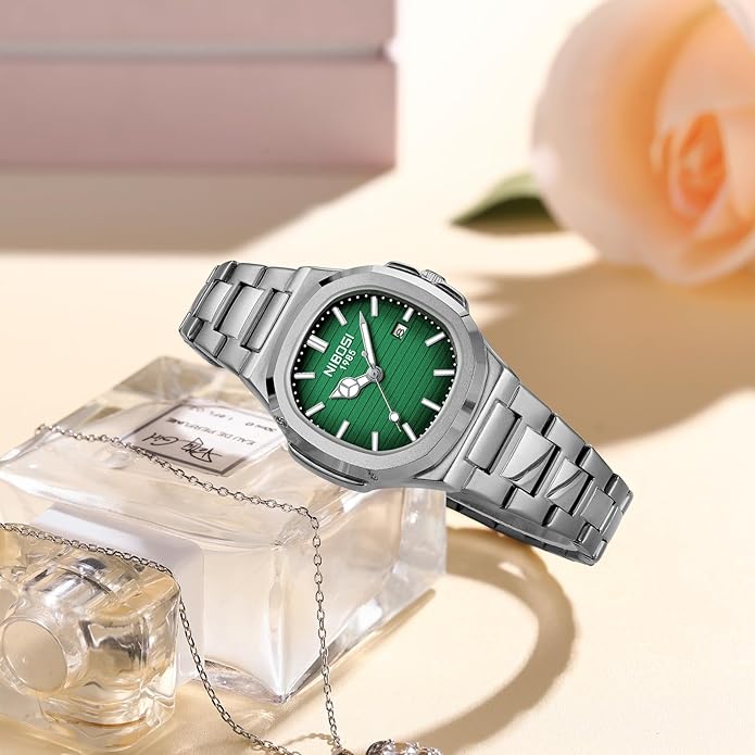 Watch Women Square Dial , Stainless Steel Waterproof Quartz, 30mm - SILVER/GREEN