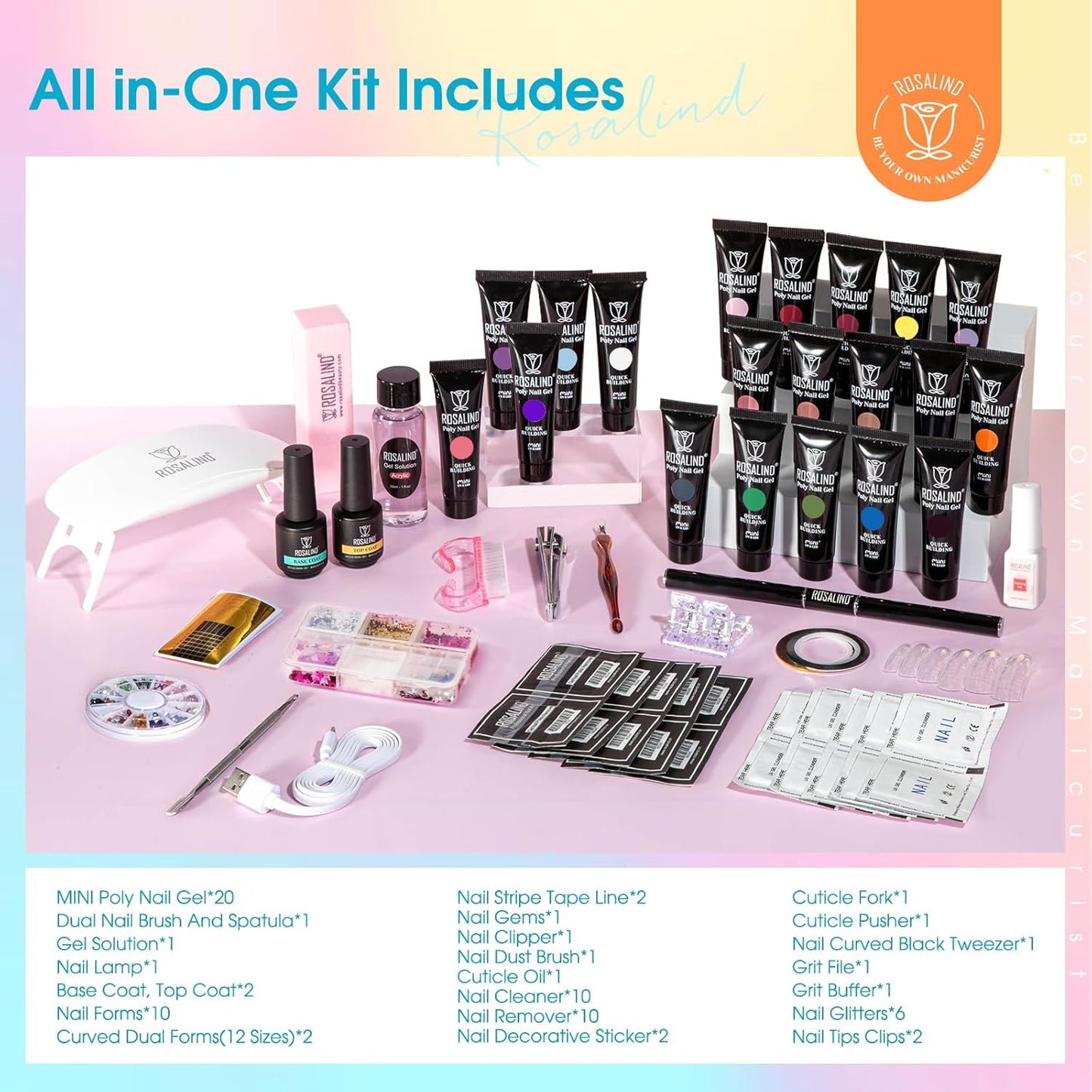 ROSALIND 20 Colors Poly Nail Gel Kit with Mini Nail Lamp