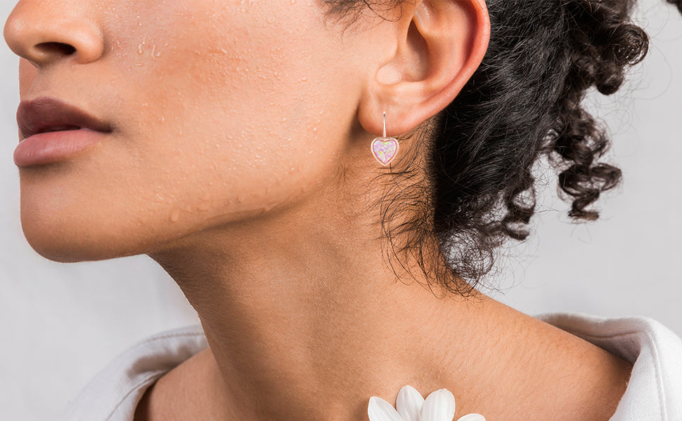 Earrings 925 Sterling Silver Opal Heart for Women
