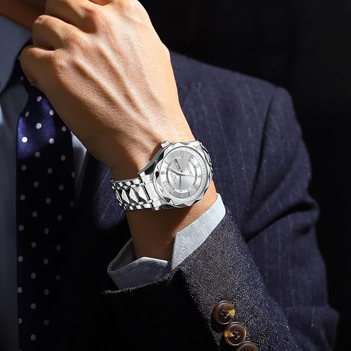 Watch Men Analog Quartz Diamond Stainless Steel Waterproof 42mm