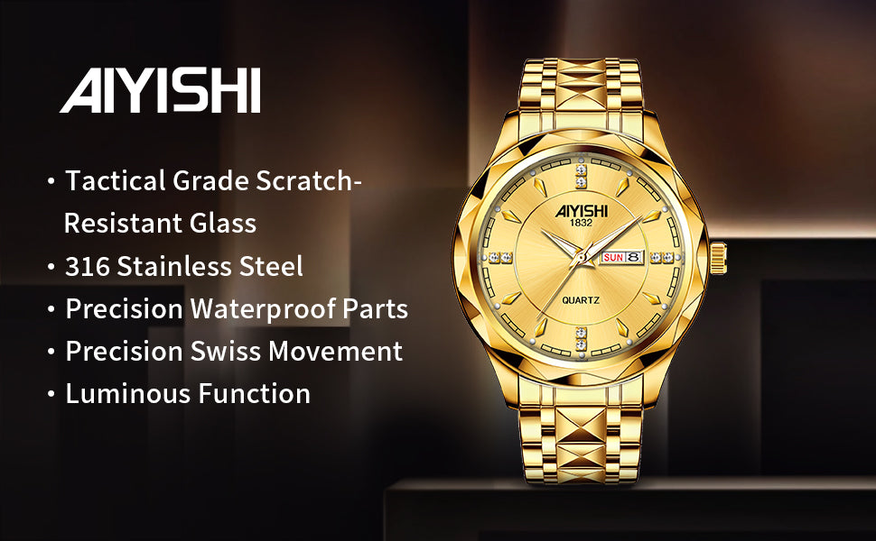 Men's Analog Quartz Watch with Date Display & Luminous Hands Waterproof - GOLD