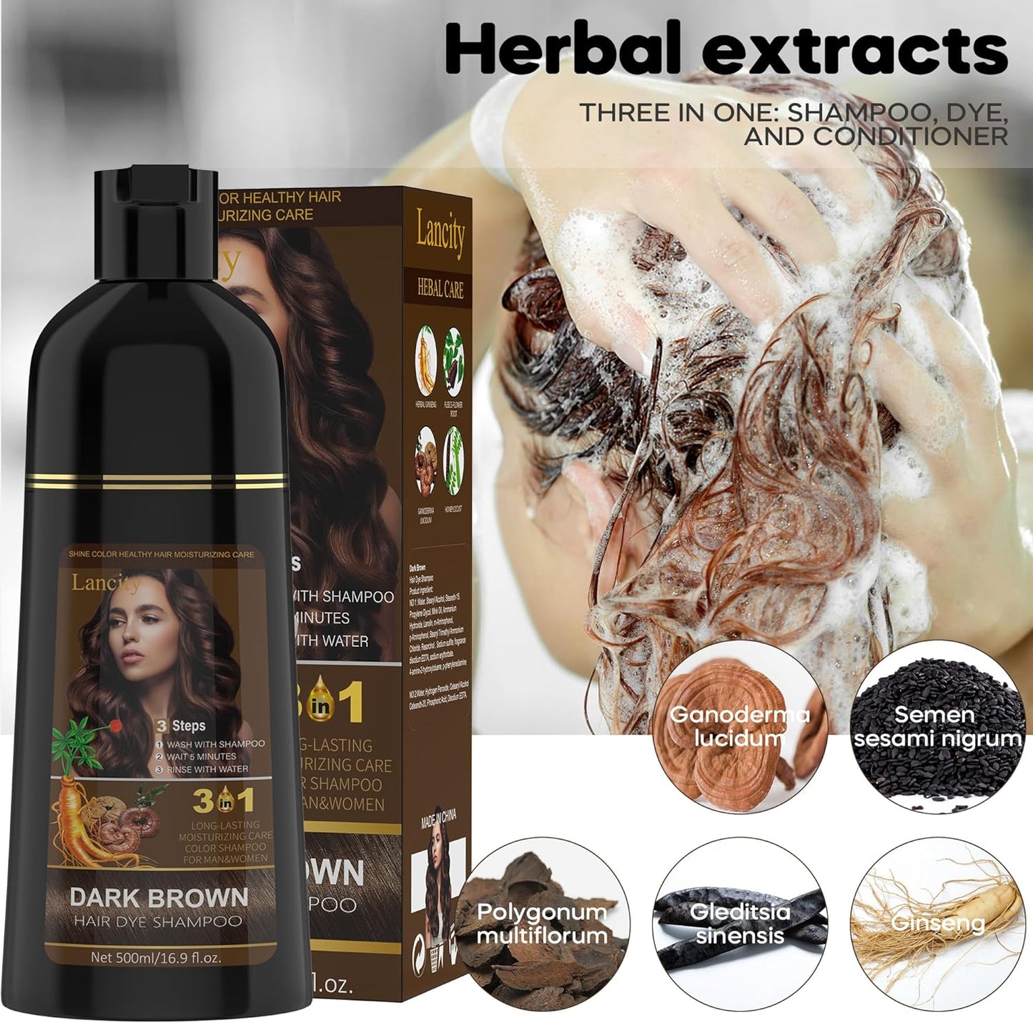 Hair Dye Shampoo for Women or Men 3-In-1 Hair Color Shampoo