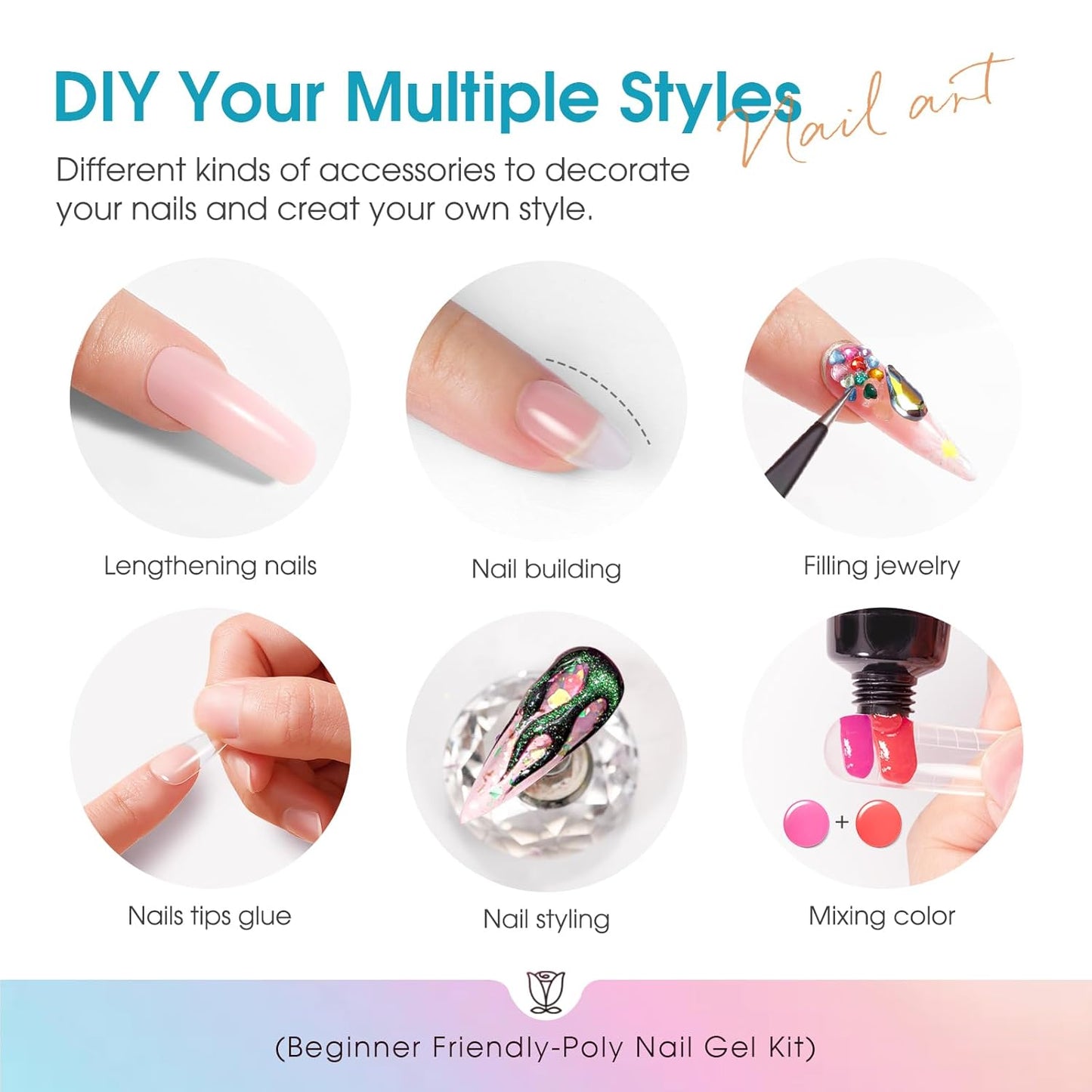 ROSALIND 20 Colors Poly Nail Gel Kit with Mini Nail Lamp