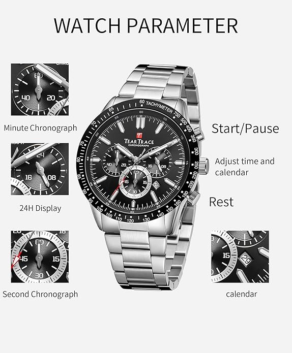 Watch for Men Analog Quartz Waterproof Chronograph Big Face 47mm - BLACK