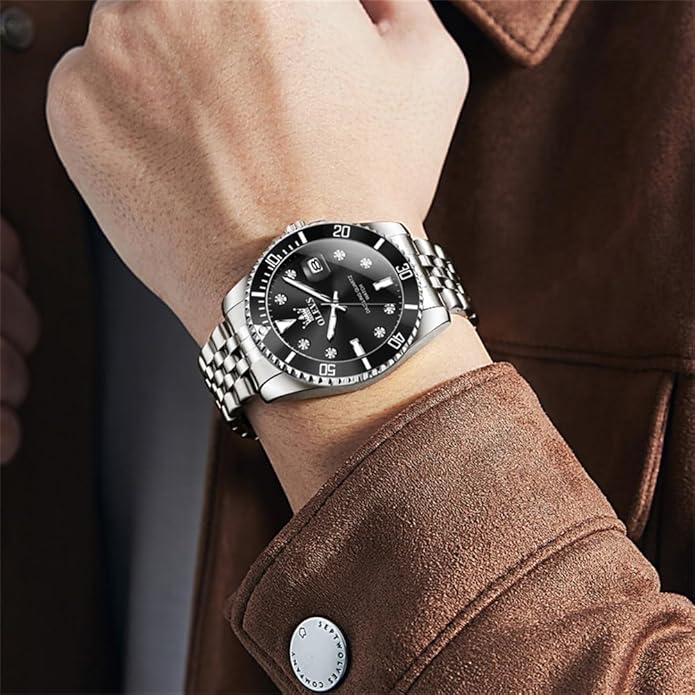 OLEVS Watch for Men Stainless Steel Luxury Diamond 40 mm- BLACK