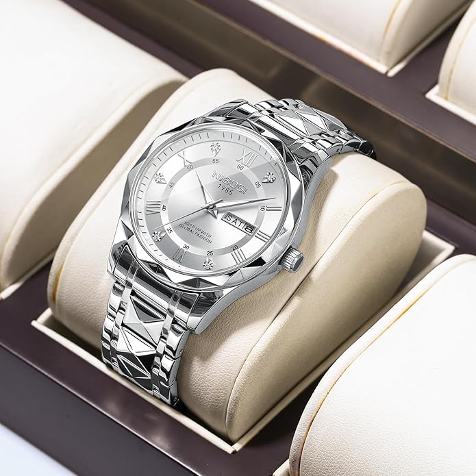 Watch Men Analog Quartz Diamond Stainless Steel Waterproof 42mm