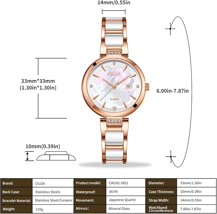 Women's Ceramic Bracelet Watch Luxury Diamond - ROSE Gold / White