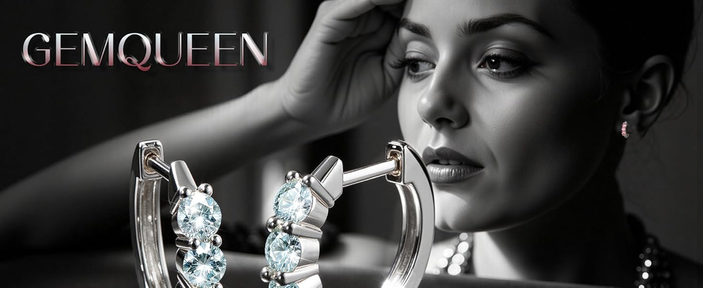 Moissanite Earrings Hoops , 18K White Gold Plated 925 Sterling Silver- Blue