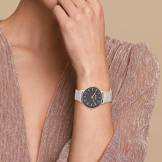 Ladies Watch Stainless Steel Mesh Bracelet Watch Analog Quartz, 34mm - Black Silver