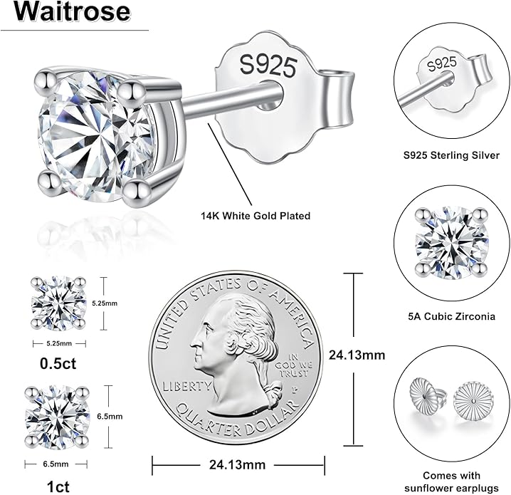 Cubic Zirconia Earrings Silver Stud Earrings Solid 14K White Gold - 1CT