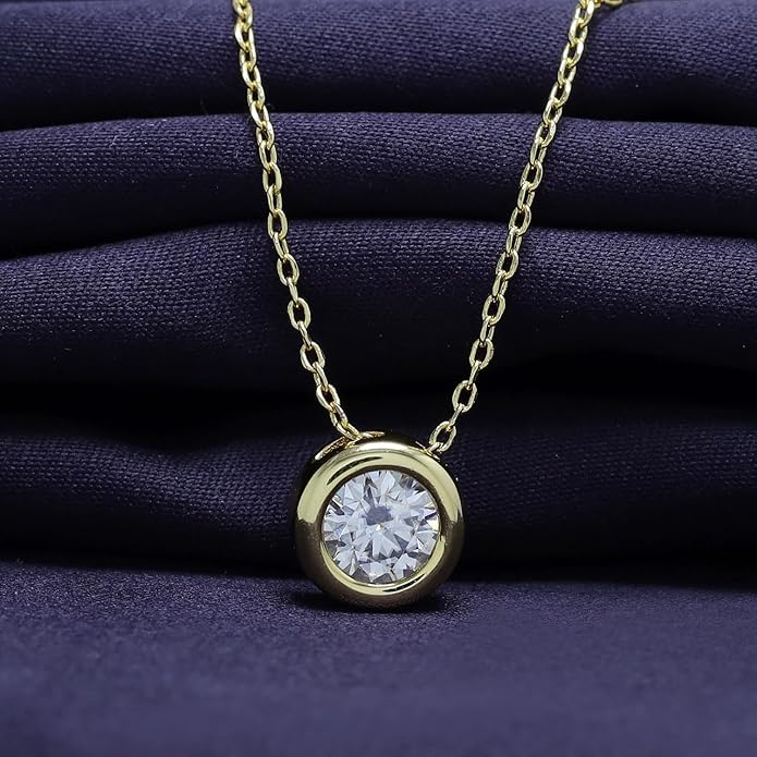 Necklace 18K Gold Plated Bezel-Set Solitaire, 6.5MM Moissanite Diamond - 0.9 CT