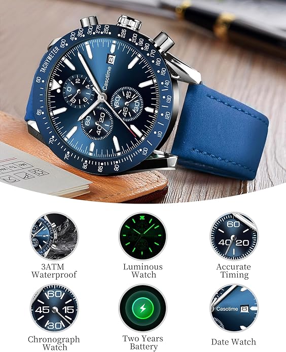 Watch Men Leather Band Chronograph 45mm, 30M Waterproof Quartz - BLUE