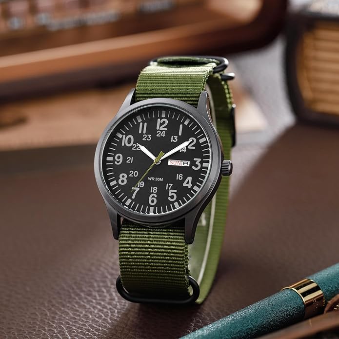 Men's Tactical Military Watch Green Nylon Strap - BLACK face 40mm