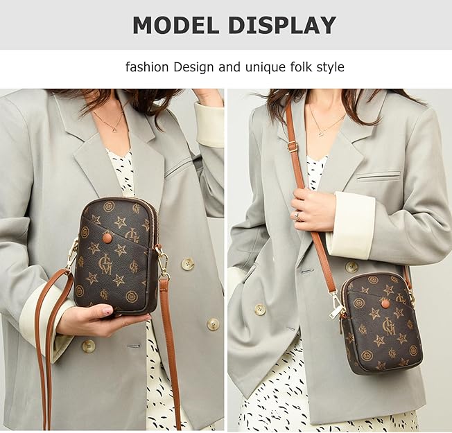 Women Small Vertical Cell Phone Purses Vintage Print Crossbody Bags - Brown