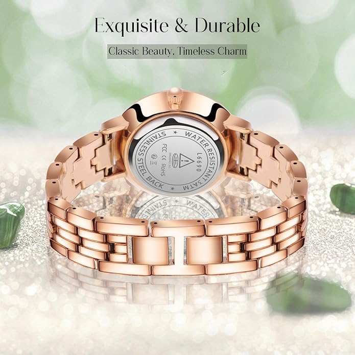 Watch Gold/Silver Stainless Steel Band Waterproof Quartz, 35mm - ROSE/GREEN