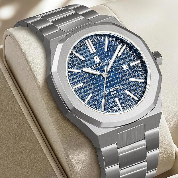 SAPPHERO Men's Watch Octagonal Stainless Steel - SILVER BLUE
