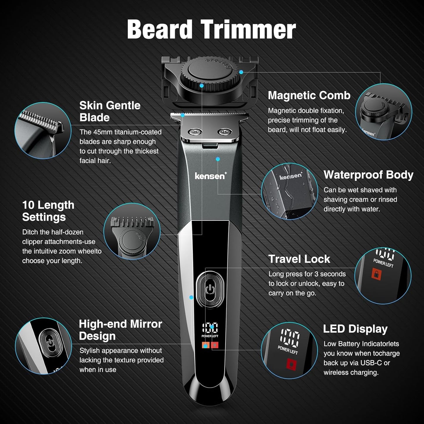 KENSEN Beard Trimmer for Men, 9 Length Adjustable Blade